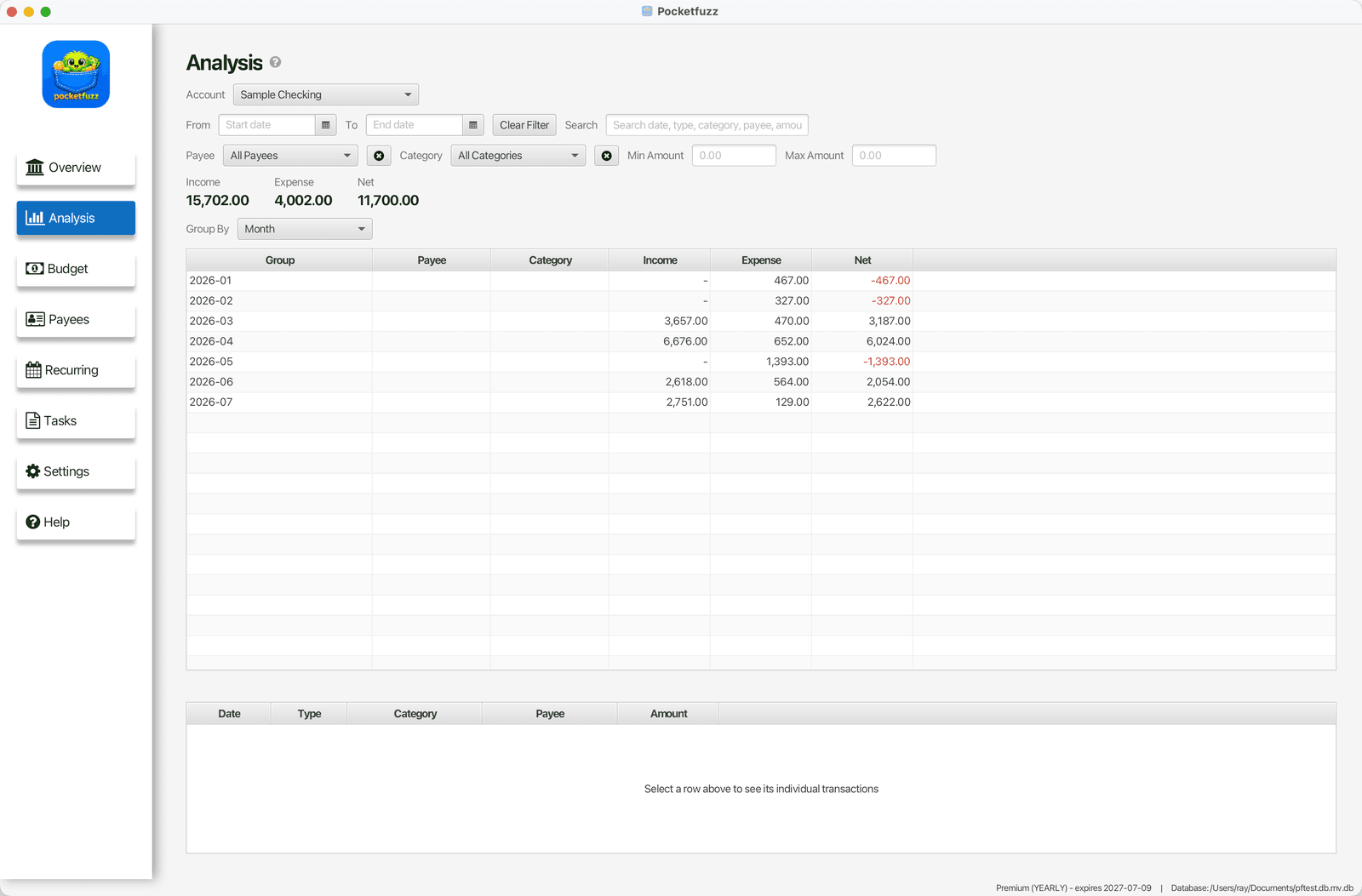Pocketfuzz Desktop Analysis screen showing filtered, grouped income and expense totals by month
