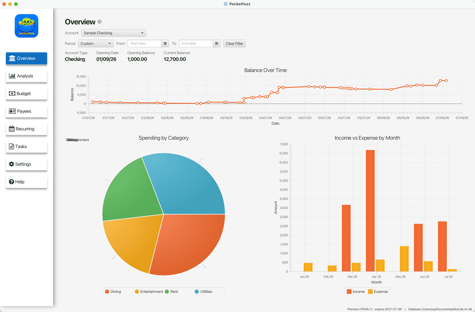 Pocketfuzz Desktop Overview screen showing balance-over-time, spending-by-category, and income-vs-expense charts