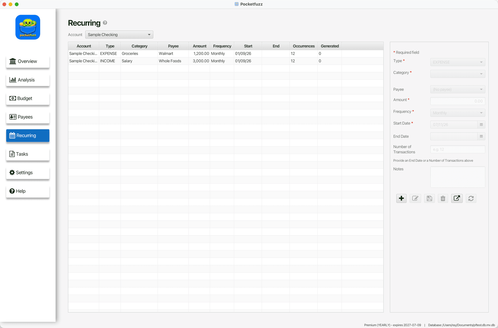 Pocketfuzz Desktop Recurring screen showing scheduled monthly income and expense entries